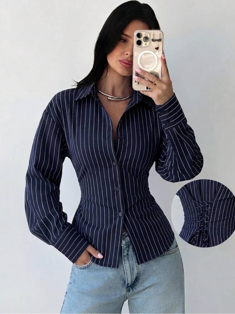 Firerie Women's Blue And White Striped Long Sleeve Shirt, Back Cinching Waist